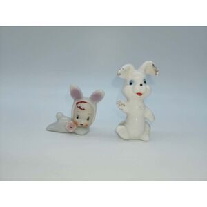 Vintage Ceramic Bunny Figurine Set Japan Mid Century Kitsch Easter Rabbits 2pc